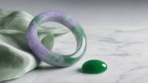 Radiant green jadeite pendant on dark silk, soft light highlighting its natural translucency