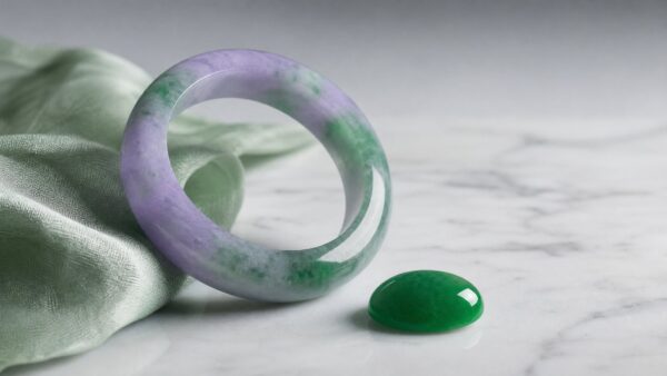 Radiant green jadeite pendant on dark silk, soft light highlighting its natural translucency