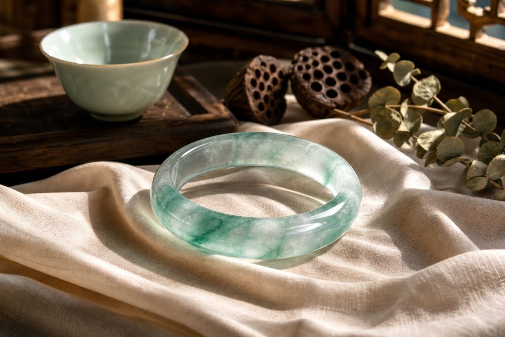 Translucent ice-green jadeite bangle on dark velvet, soft light highlighting glassy depth, elegant luxury mood