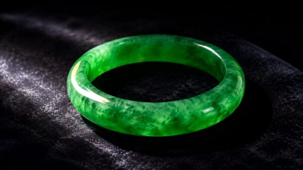 A polished green jadeite pendant on dark velvet, soft studio lighting