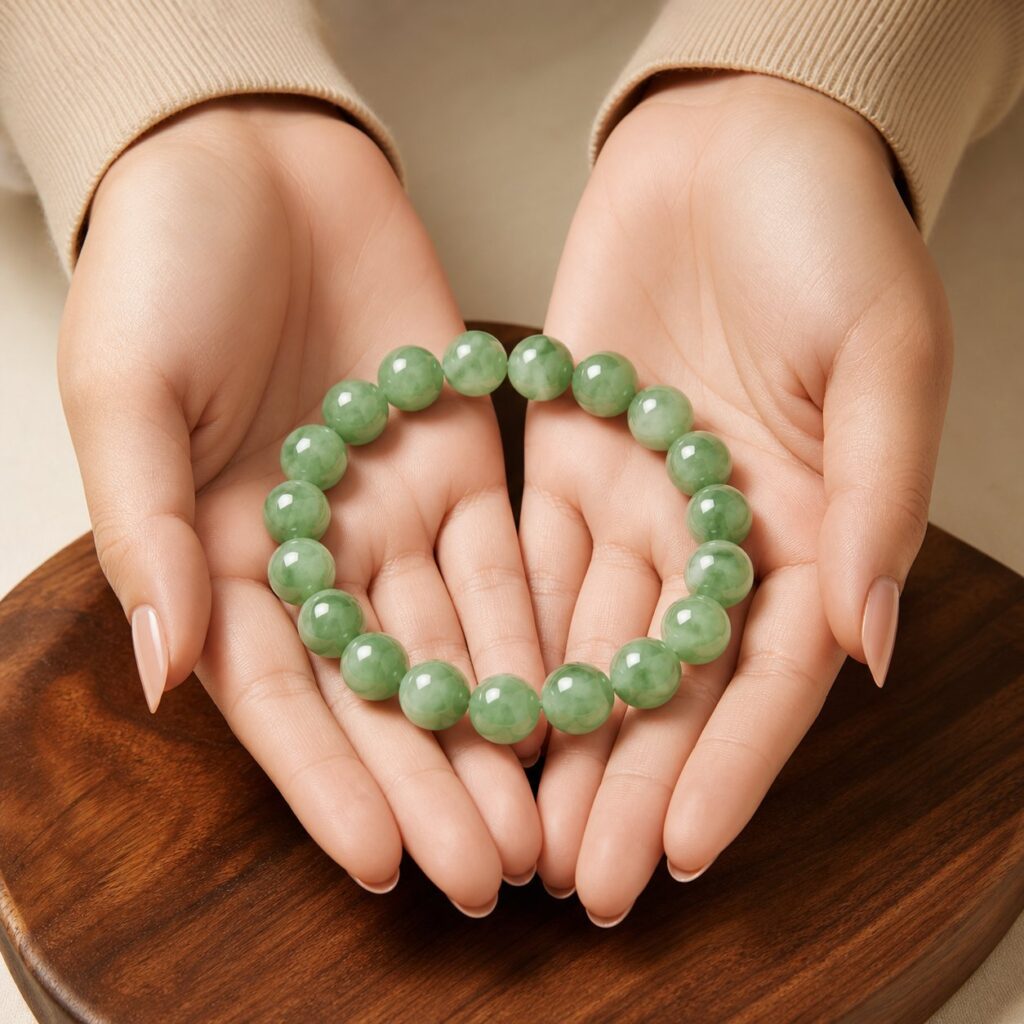 A polished green jadeite bangle on a silk cushion in a softly lit elegant studio