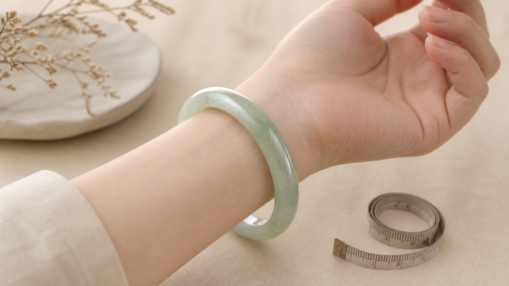 Close-up of a translucent green jadeite bracelet on a model's wrist in soft lighting