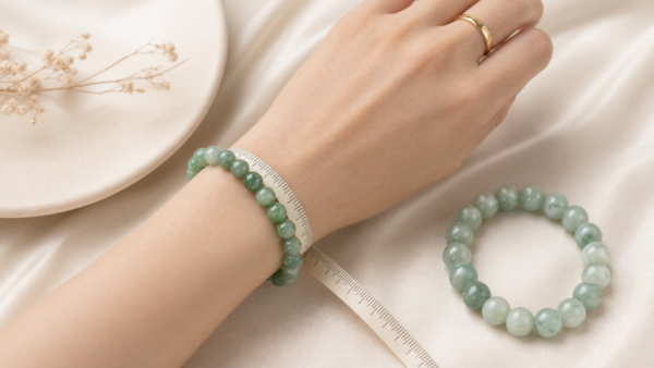 Close-up of a jadeite bracelet on a wrist with a measuring tape, soft lighting, luxurious mood