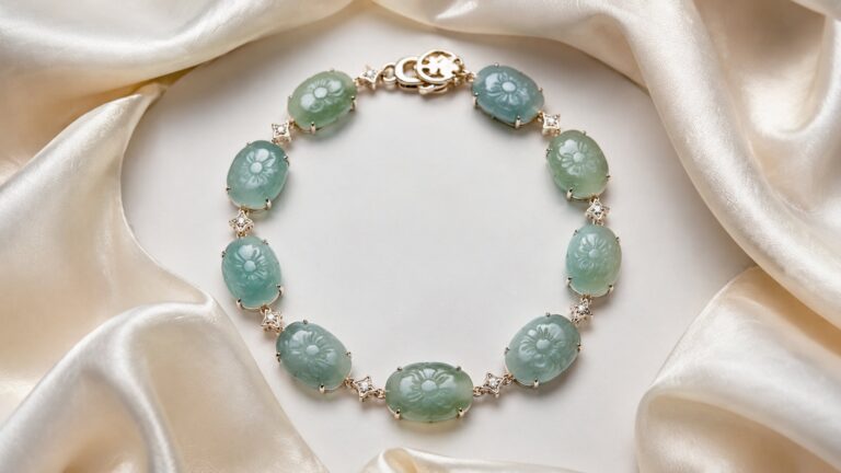 Close-up of a luminous green jadeite bangle on a silk cloth, softly lit for elegance