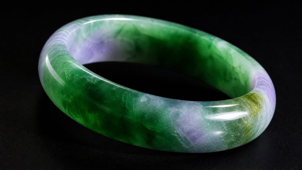 Elegant deep green jadeite bangle and cabochon ring on a velvet surface in soft directional light