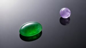 Radiant green jadeite cabochon on white silk under soft studio light