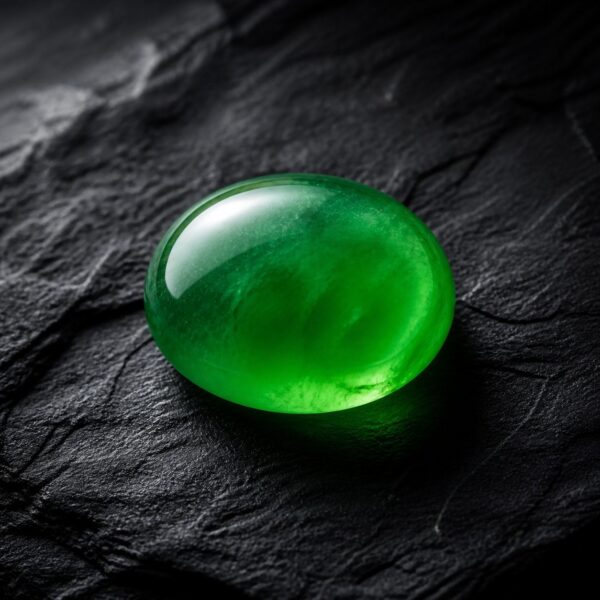 Lustrous green jadeite bangle on dark silk, highlighting rich color and translucency