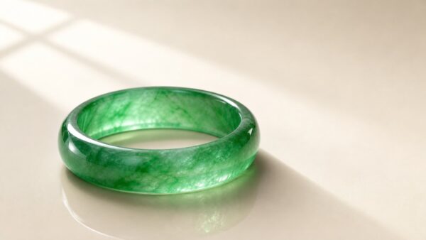 A close-up of a translucent green jadeite bangle on a white silk cloth, soft lighting highlighting its vibrant color and smoo