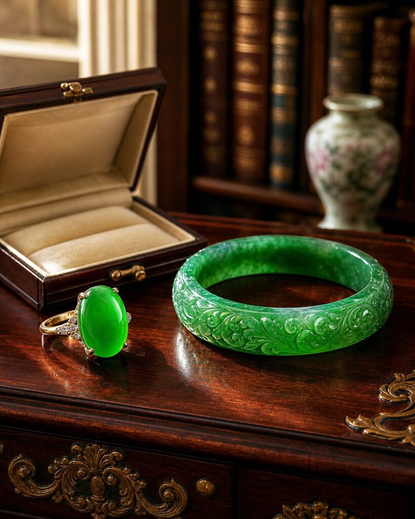 Luminous green jadeite bangle on dark velvet, soft lighting highlights its translucency and smooth texture