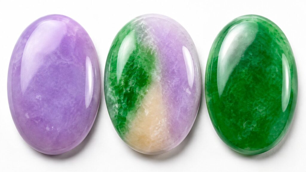 A trio of jadeite cabochons in green, lavender, and tricolor on a dark velvet display
