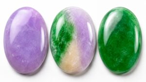 A trio of jadeite cabochons in green, lavender, and tricolor on a dark velvet display