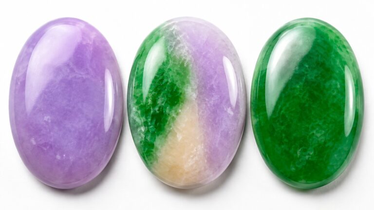 A trio of jadeite cabochons in green, lavender, and tricolor on a dark velvet display
