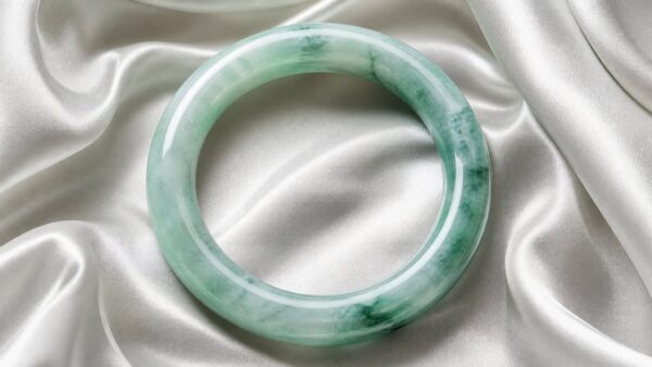 Close-up of a polished jadeite cabochon ring on a smooth grey surface, soft shadows emphasizing its rich green translucency