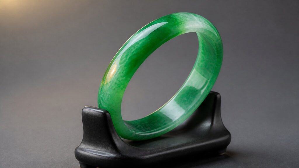 Translucent green jadeite bangle on dark velvet, soft dramatic light