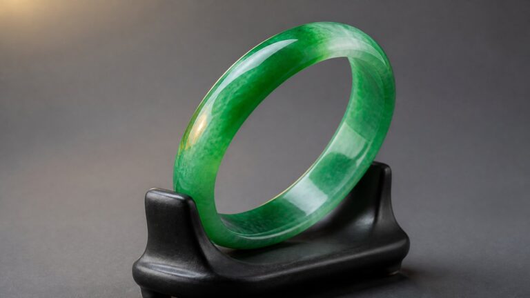 Translucent green jadeite bangle on dark velvet, soft dramatic light