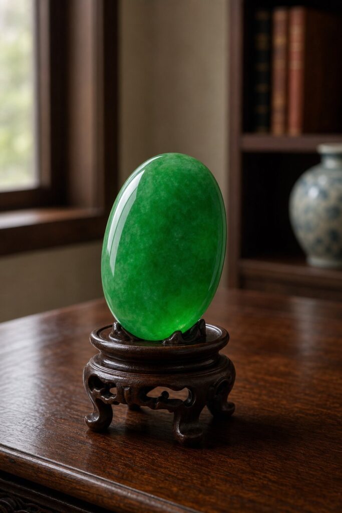 A single high-grade jadeite bangle glowing against a dark, softly lit backdrop