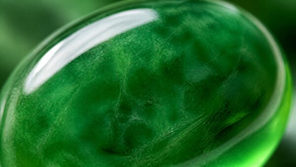 A vivid green jadeite bangle with glassy translucency on a silk surface