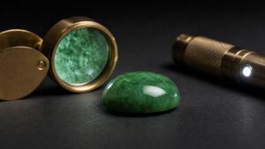 Close-up of a polished jadeite cabochon ring on luxurious dark velvet, soft dramatic lighting