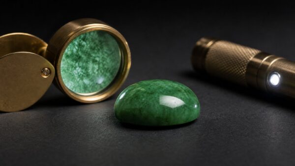 Close-up of a polished jadeite cabochon ring on luxurious dark velvet, soft dramatic lighting