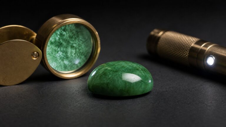 Close-up of a polished jadeite cabochon ring on luxurious dark velvet, soft dramatic lighting