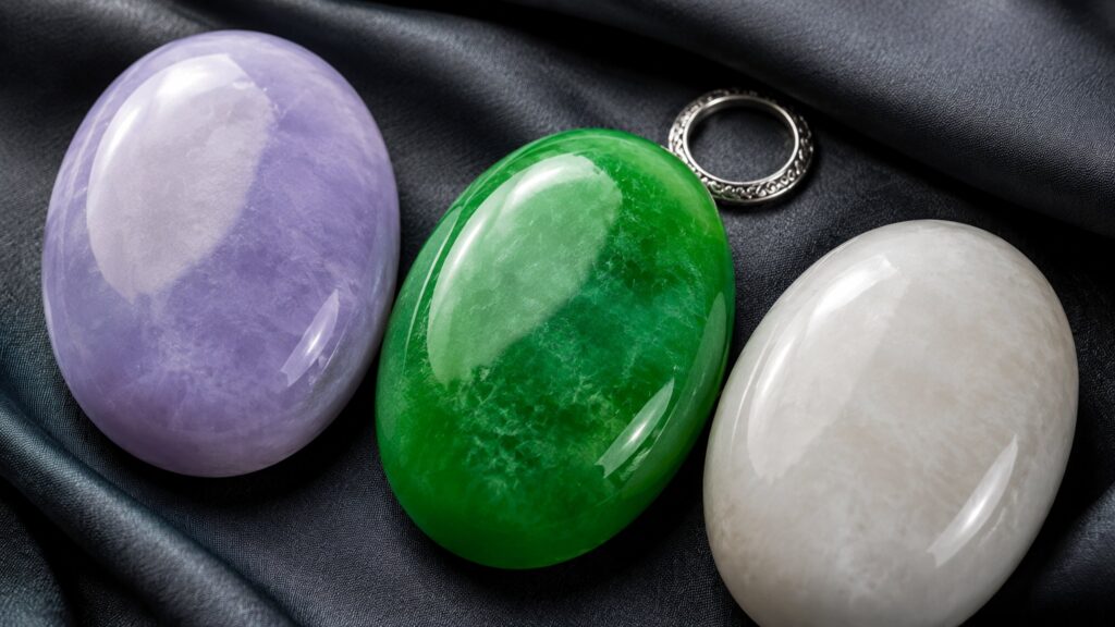 A polished green jadeite bangle resting on soft silk under dramatic studio lighting