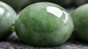 Close-up of a polished jadeite bracelet on silk, soft studio lighting, elegant luxury mood
