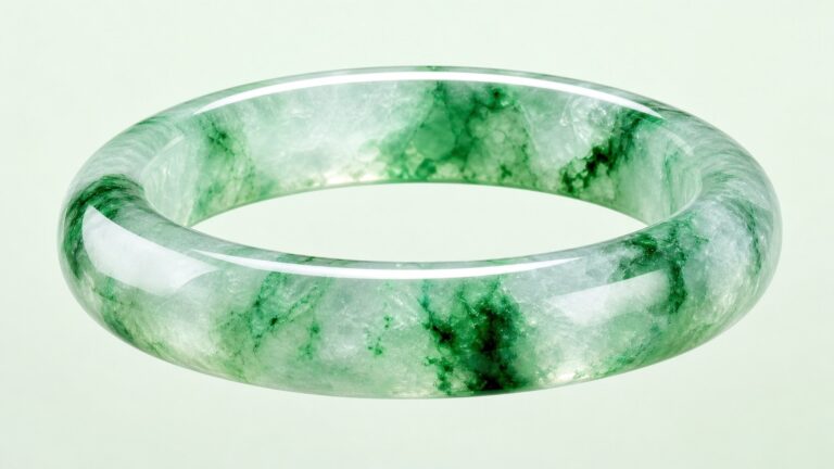 Translucent jadeite bangle with vivid floating green patches, elegant studio lighting