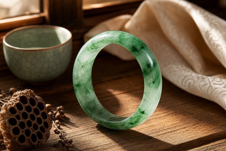Close-up of a polished green jadeite pendant on a silk cloth, soft natural light