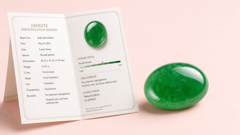 Elegant jadeite bangle on a luxury certification report, soft lighting, refined gemstone detail