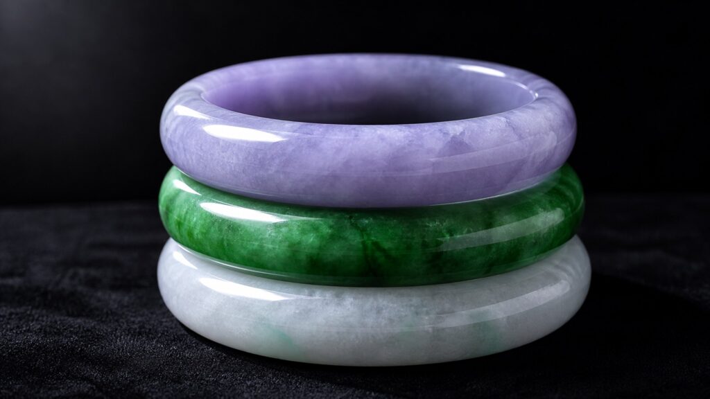 Stack of polished jadeite bangles in varied greens on dark velvet, soft natural light