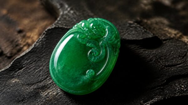 Close-up of a translucent emerald-green imperial jadeite bangle on black velvet