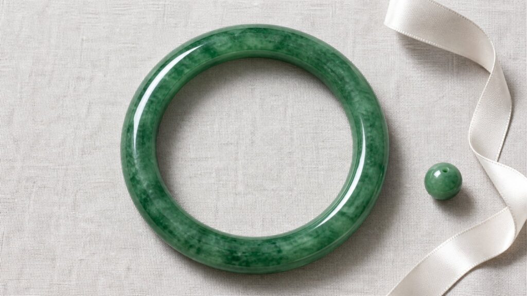 Three jadeite bangles in round, oval, and flat shapes on a white silk cloth under soft lighting