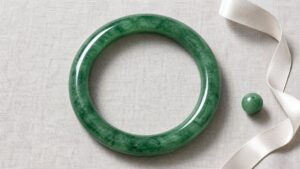 Three jadeite bangles in round, oval, and flat shapes on a white silk cloth under soft lighting