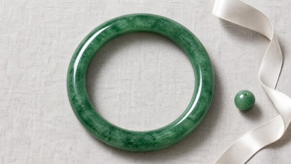 Three jadeite bangles in round, oval, and flat shapes on a white silk cloth under soft lighting