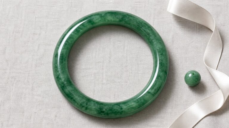 Three jadeite bangles in round, oval, and flat shapes on a white silk cloth under soft lighting
