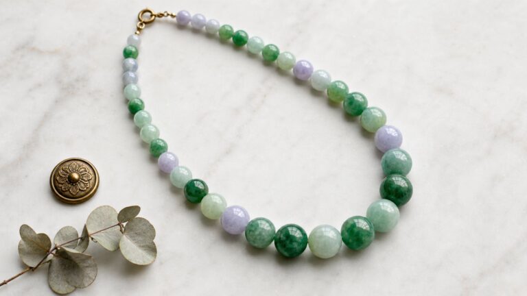 Lustrous jadeite bead necklace displayed on silk, evoking serene elegance