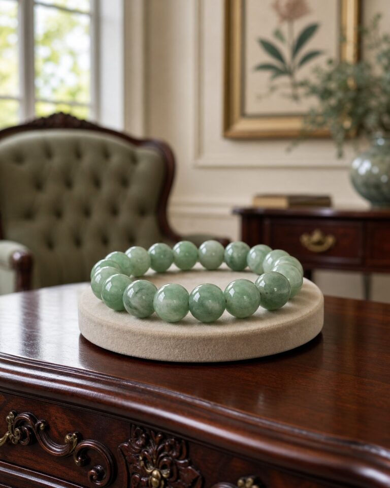 A jadeite bracelet delicately wrapped around a wrist, soft lighting highlighting its translucent green beads against a neutra
