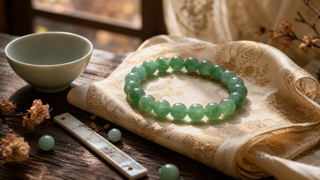 Close-up of a polished green jadeite bracelet on silk, emphasizing bead thickness and fit