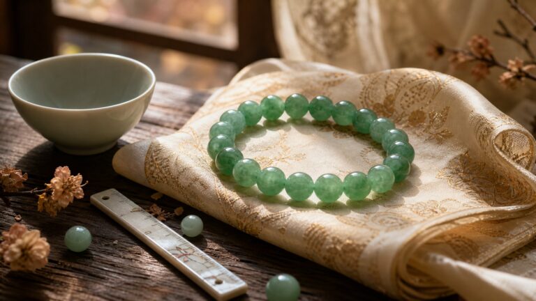Close-up of a polished green jadeite bracelet on silk, emphasizing bead thickness and fit
