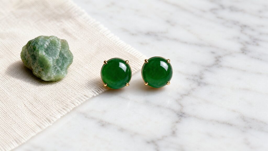Translucent jadeite earrings on dark velvet under soft diffused light, elegant and serene
