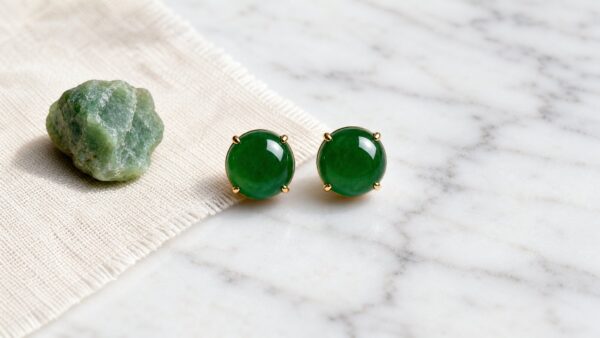 Translucent jadeite earrings on dark velvet under soft diffused light, elegant and serene
