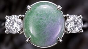 Close-up of a smooth green jadeite pendant with sparkling diamond accents on a soft silk backdrop