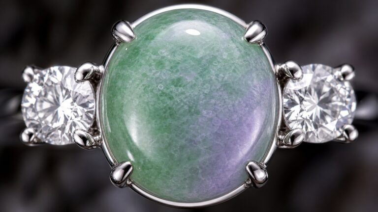 Close-up of a smooth green jadeite pendant with sparkling diamond accents on a soft silk backdrop