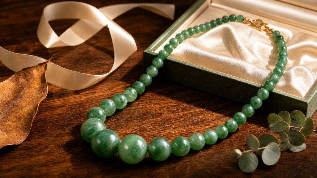 Glossy green jadeite beads in a graduated necklace on a velvet bust with soft luxury lighting