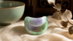 Sleek jadeite saddle ring on dark velvet, glowing with natural green hues and subtle translucency