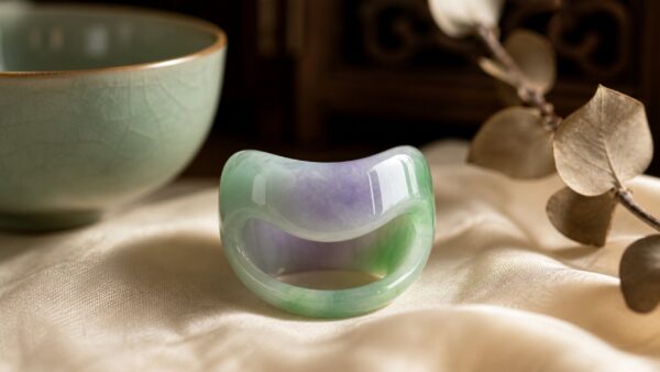 Sleek jadeite saddle ring on dark velvet, glowing with natural green hues and subtle translucency