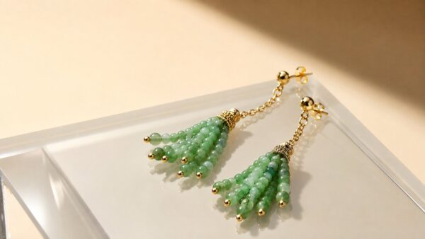 An elegant close-up of jadeite tassel earrings with delicate movement against a cream silk backdrop
