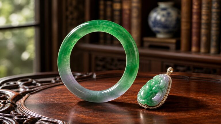 Top-grade vivid green jadeite bangle beside translucent mid-tier piece on black velvet