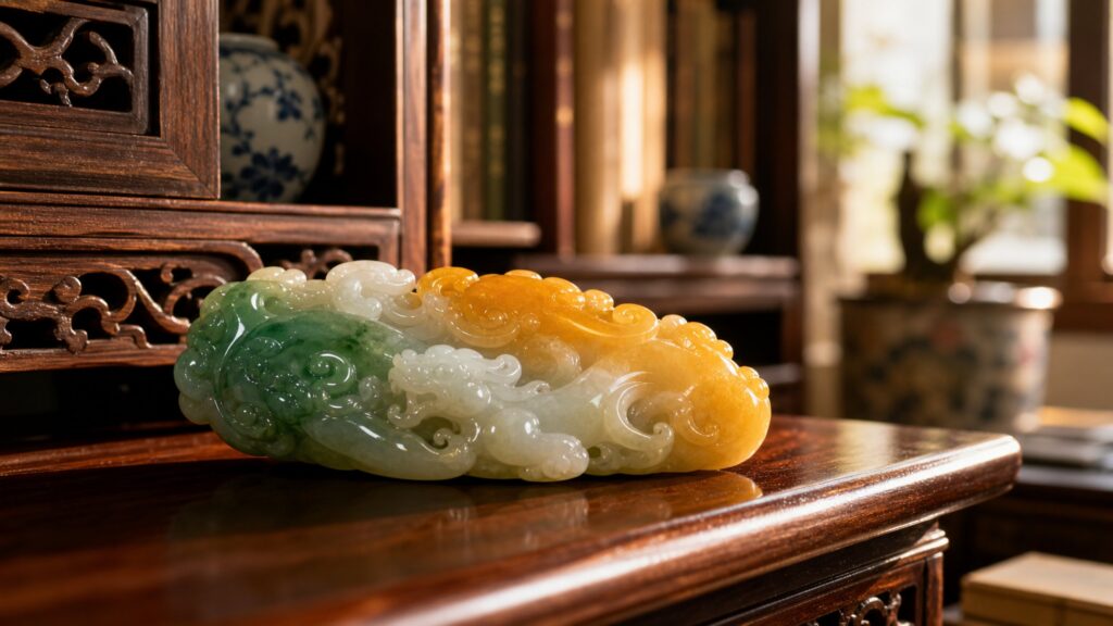 A polished tricolor jadeite cabochon in green, white, and yellow on dark velvet