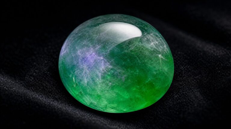 Close-up of a polished green jadeite ring on a dark velvet surface
